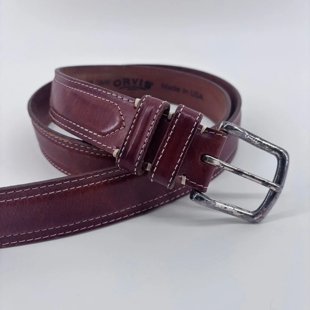 Orvis Leather Belt Mens 46 Burgundy Solid Brass‎ Buckle USA Made Rugged Heritage